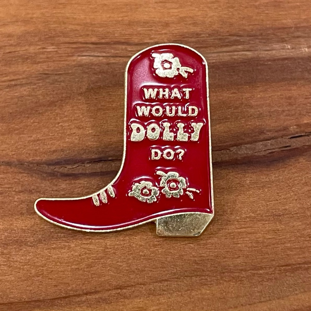 "What Would Dolly Do?" Dark Red & Gold Cowboy Boot Enamel Pin, Costume Jewellery